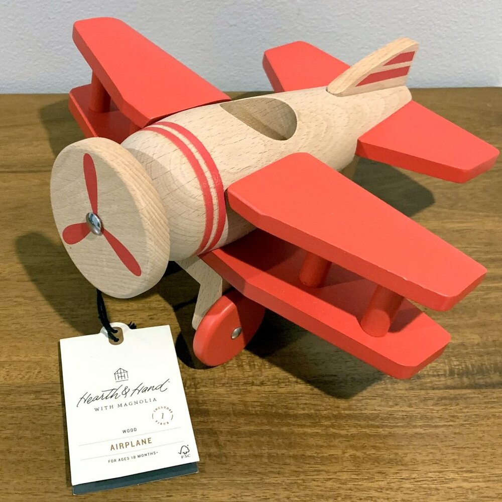 Hearth & and Hand Magnolia Childrens Wooden Toy Airplane Red Wood Plane 2022 NEW
